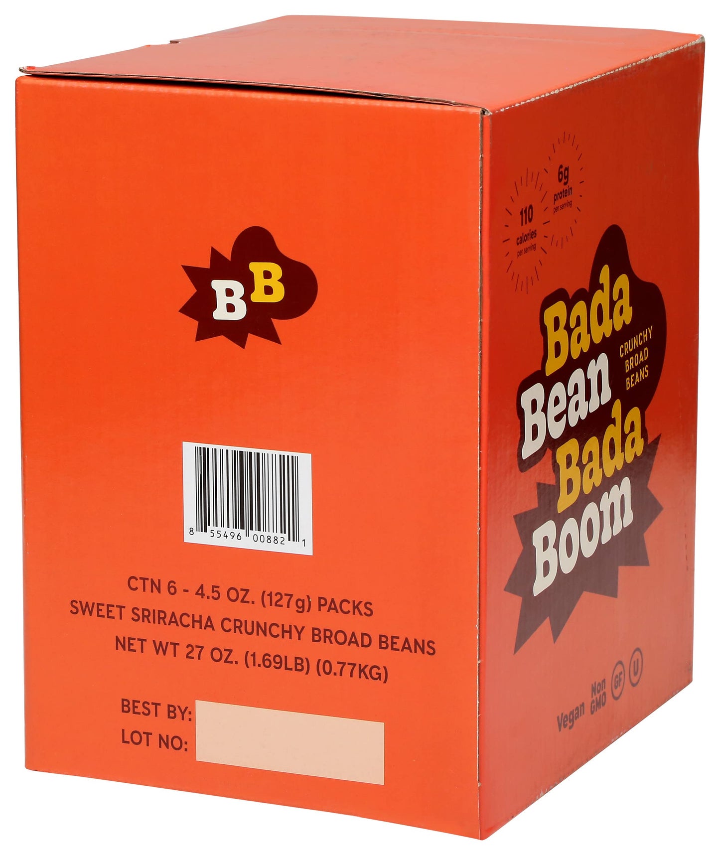 Bada Bean Bada Boom Plant-Based Protein, Gluten Free, Vegan, Non-Gmo, Soy Free, Kosher, Roasted Broad Fava Bean Snacks, Sriracha