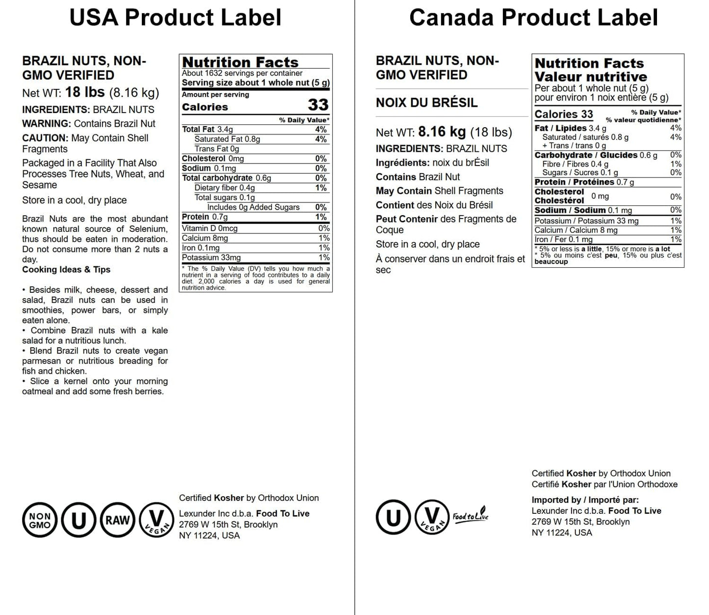 Food to Live Brazil Nuts, Raw, Unsalted, Non-GMO, 18 Pound, Vegan, Keto, Paleo Friendly, Good Source of Selenium