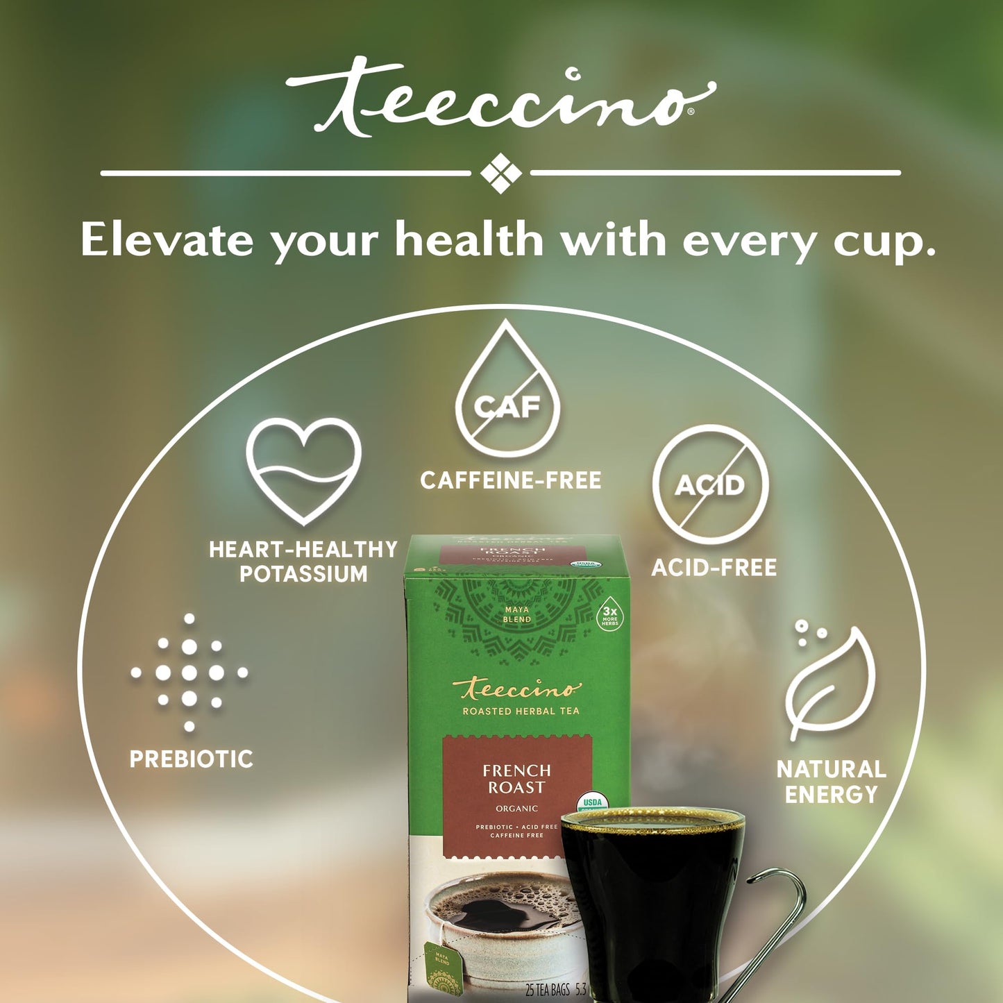 Teeccino French Roast Herbal Tea - Caffeine Free Coffee Alternative, 25 Tea Bags, 25 Count