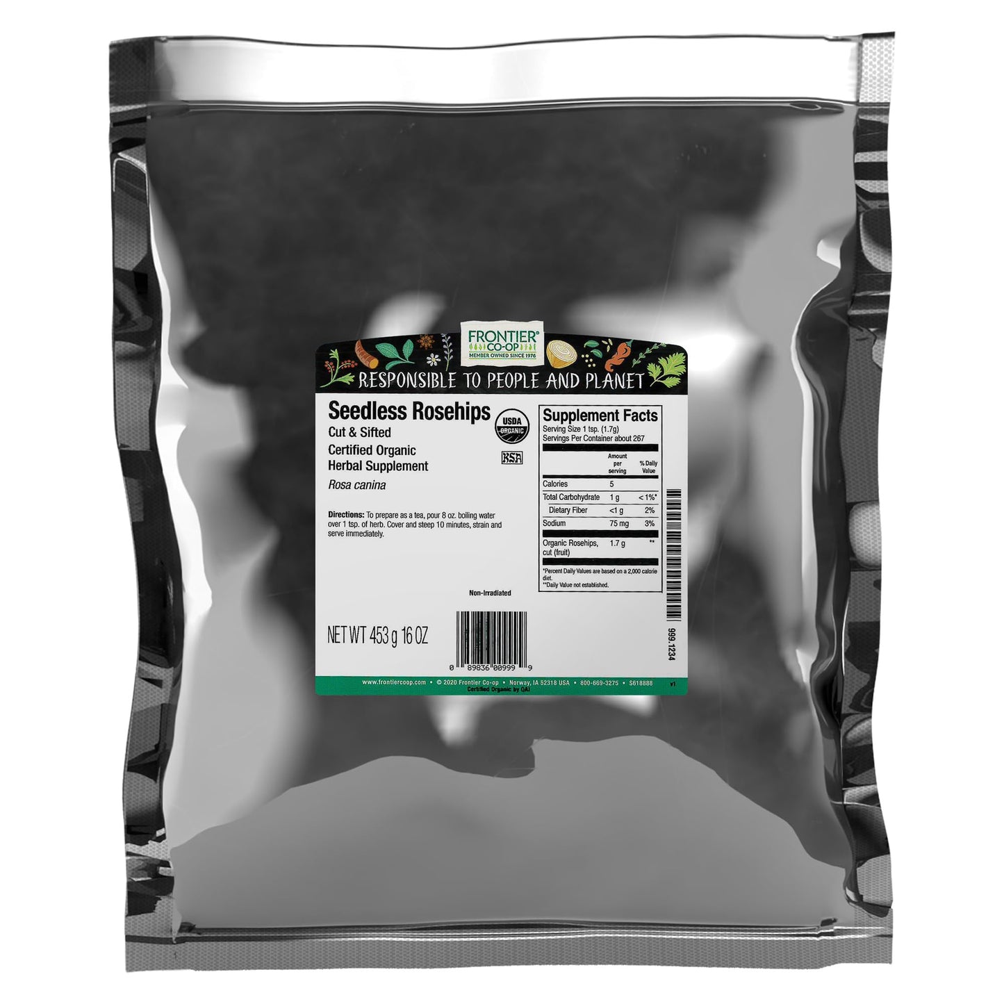 Frontier Co-op Organic Seedless Rosehips, 16 Ounce Bulk Bag, Natural Dried Rose Hips for Tea and Powder
