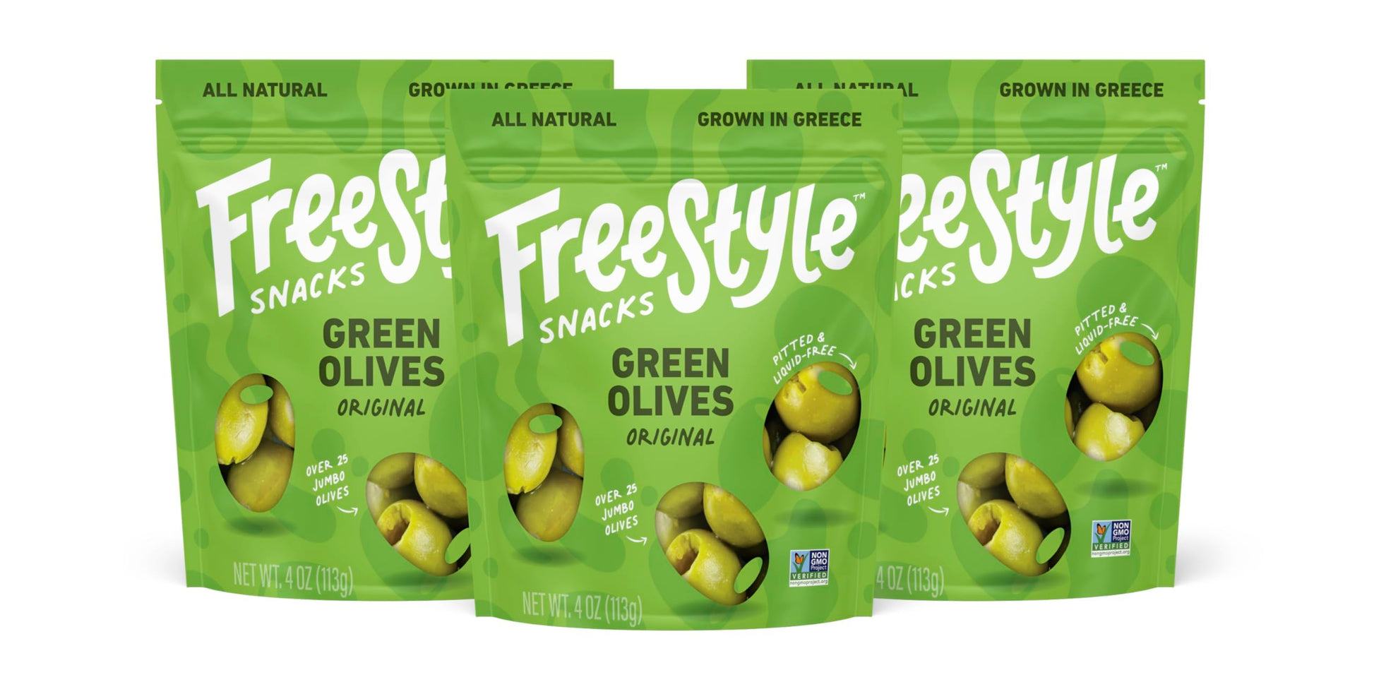 Freestyle Snacks Olive Snack Packs - Jumbo Green Olives, All Natural, Non-GMO, 4oz (3 Pack)