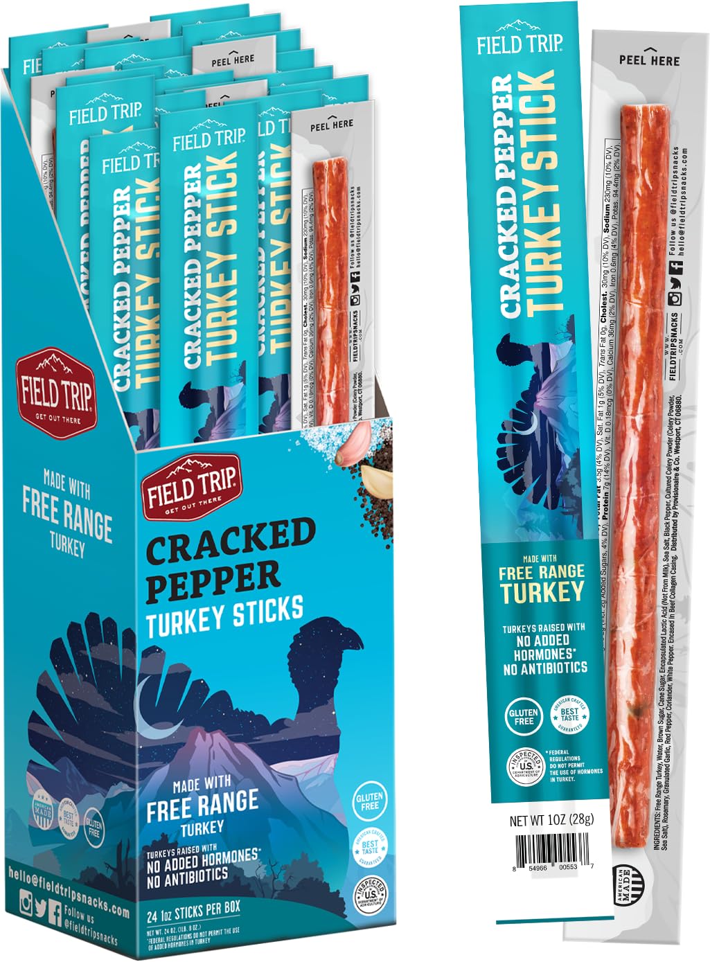 Field Trip Turkey Jerky Snack Sticks, Cracked Pepper, High Protein, Gluten Free, 1oz, 24 Pack