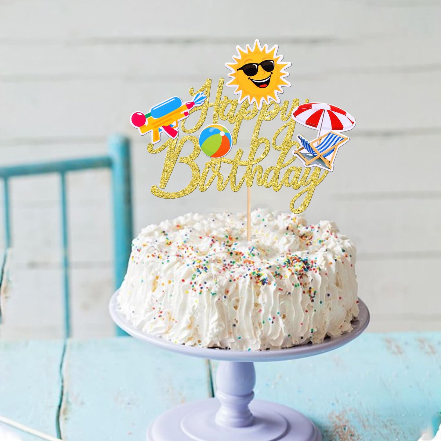 ZHUOWEISM Summer Beach Cake Topper - Glitter Gold Sun Umbrella Water   for Birthday Party Decorations