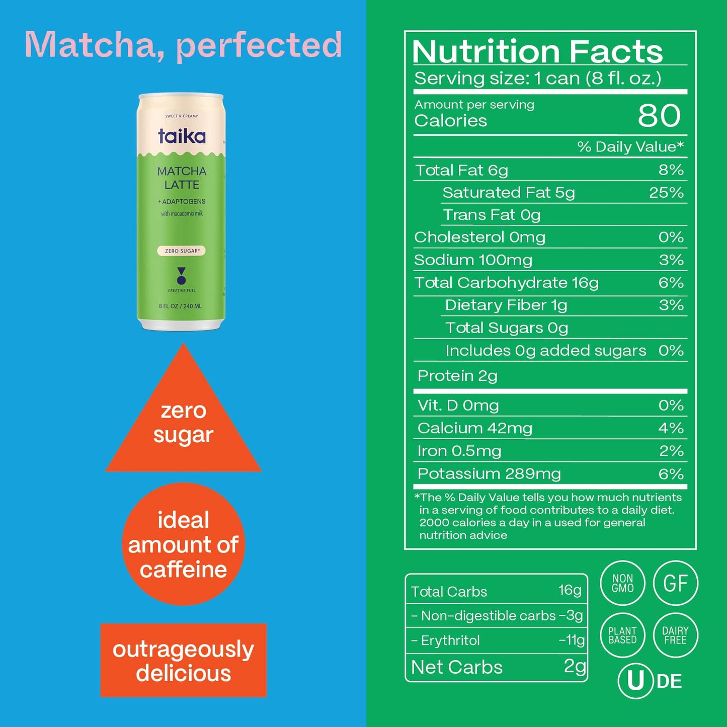 Taika Iced Matcha Latte, Organic Ceremonial Grade Matcha with Ashwagandha, 8 Fl Oz (Pack of 12)
