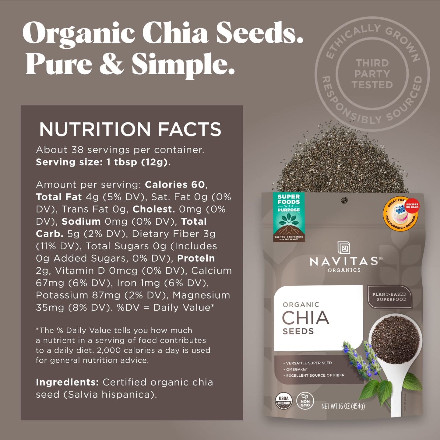 Navitas Organics Chia Seeds, Organic, Non-GMO, Gluten-Free, 16 oz. (2-Pack)