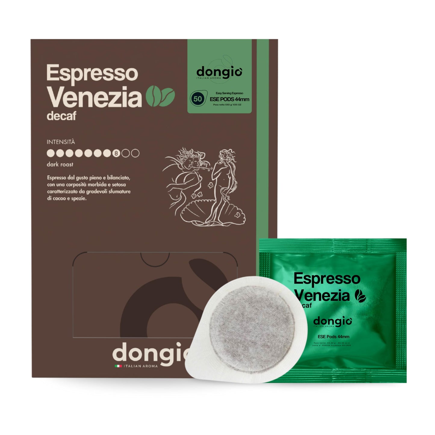 Dongi Caff Espresso Venezia (Dek) - 50 Easy Serving Espresso Pods (Ese 44Mm) - Dark Roast Coffee (Intensity 8/10) - Roasted And Blended In Italy
