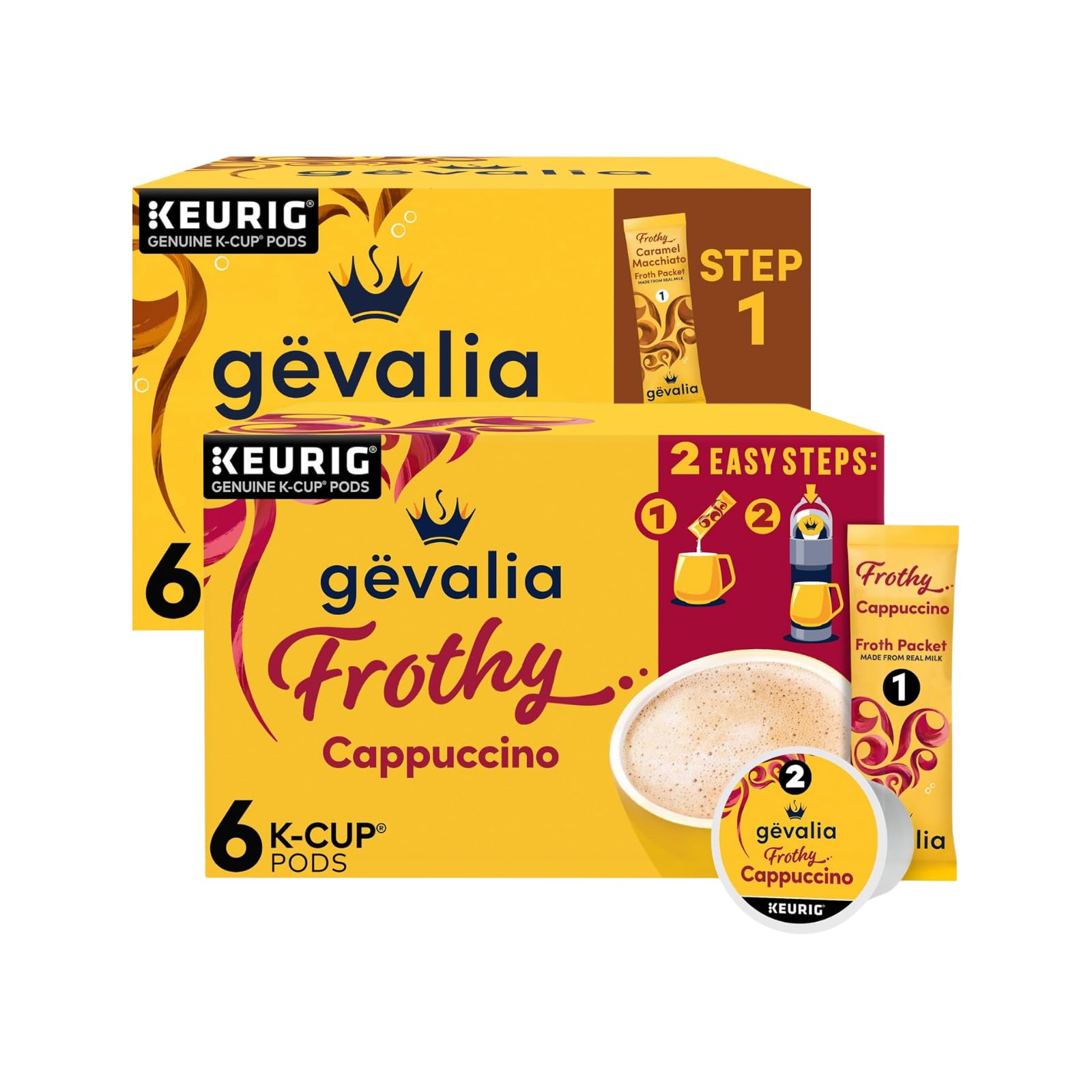 Gevalia Caramel Macchiato K-Cups With Froth Packets & Cappuccino K-Cups With Froth Packets (Variety Pack)