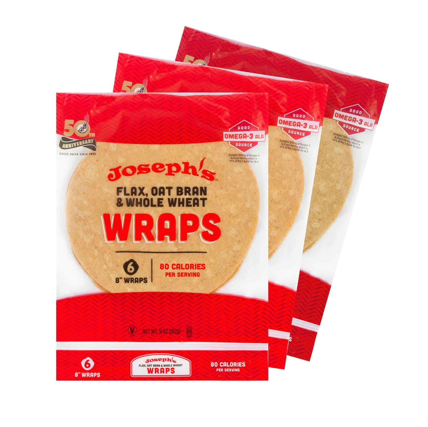 Joseph'S Low Carb Wrap Value 3-Pack, Flax, Oat Bran And Whole Wheat, 8G Carbs Per Serving, Fresh Baked (6 Per Pack, 18 Wraps Tot