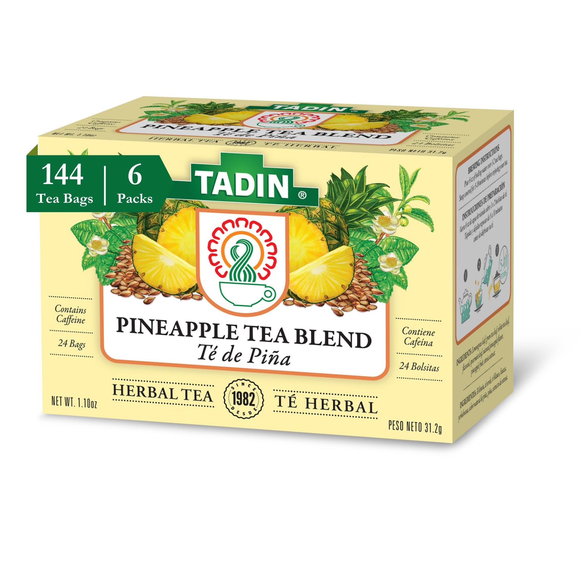 Tadin Pineapple Herbal Tea, Contains Caffeine, 24 Tea Bags Per Box, Pack of 6