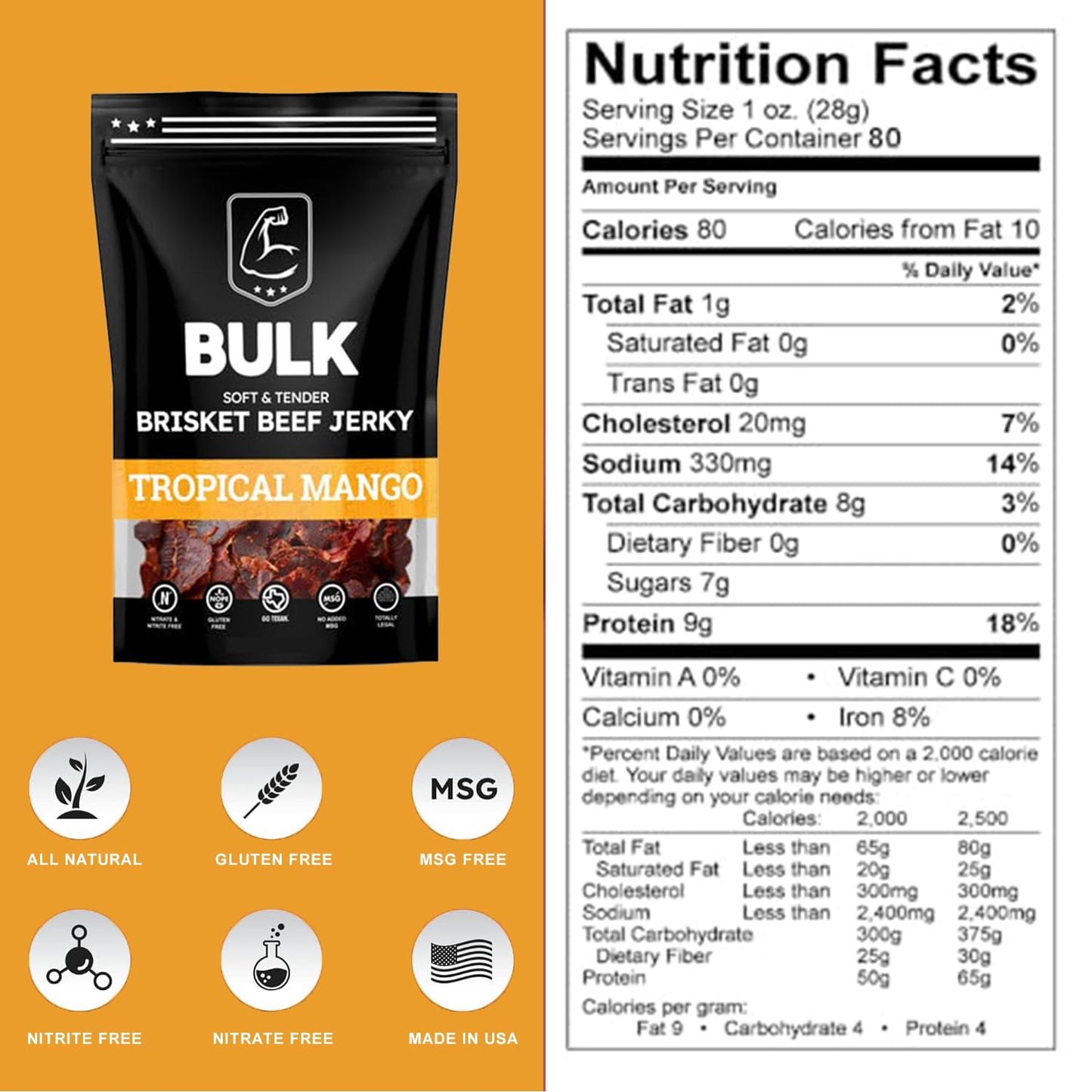 B.U.L.K Bulk Beef Jerky Snack Packs - Soft & Tender - Tropical Mango - 2.25 Ounce (Pack of 1) - All Natural Protein Snack
