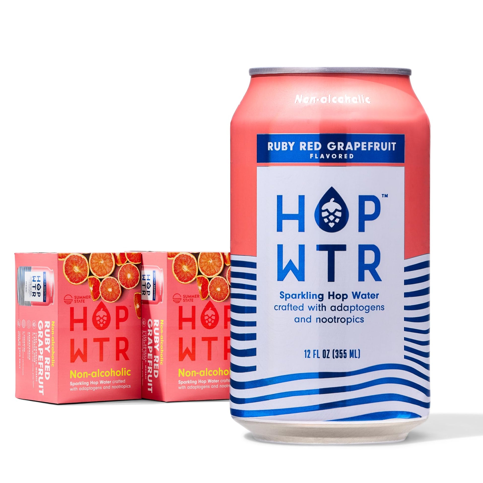 Hop Wtr Sparkling Hop Water  Ruby Red Grapefruit 12 Pack  Sugar Free  Low Carb Non Beverage-Style Drinks  Na Malt Drink  Adaptogen Drink  No Calories  Adaptogens & Nootropics For Added Benefits  12 Oz Cans