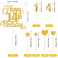 Lecferrarc 14th Birthday Cake Decorations Set, Gold Glitter Toppers & Candles, 7 inches, Paper