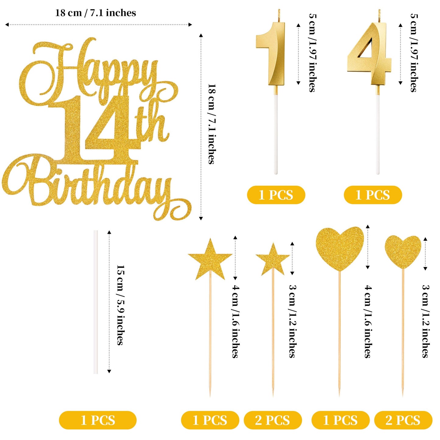 Lecferrarc 14th Birthday Cake Decorations Set, Gold Glitter Toppers & Candles, 7 inches, Paper