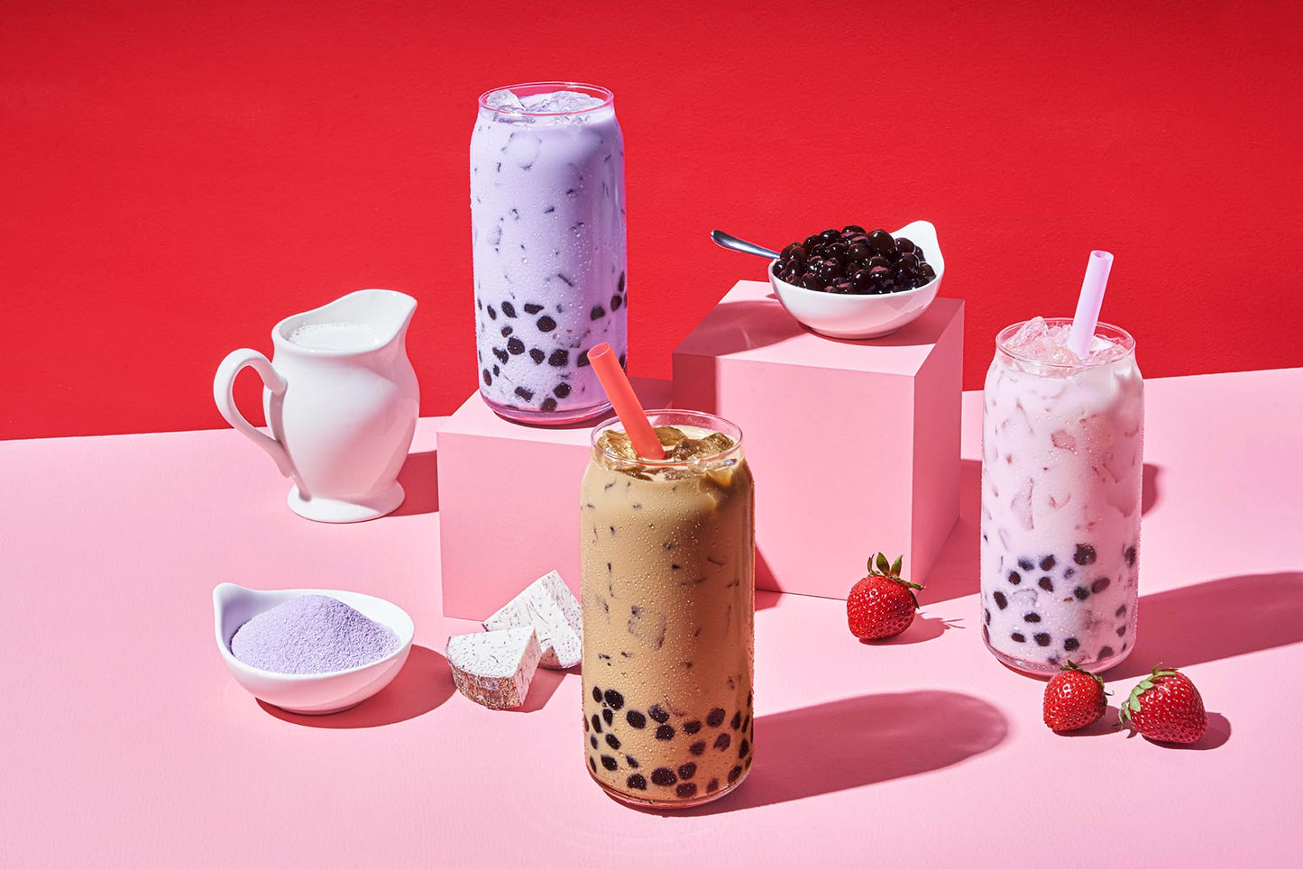 YULU FOODS Boba Bundle Kit - 10 Servings Instant Bubble Pearl Variety Milk Tea with Brown Sugar Tapioca Pearls - Includes Paper Straws