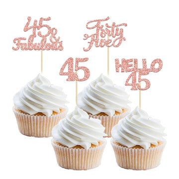 Gyufise 24Pcs Rose Gold Glitter 45Th Birthday Cupcake Toppers 45 Fabulous Cupcake Picks Hello 45 Forty Five Cupcake Picks For 45