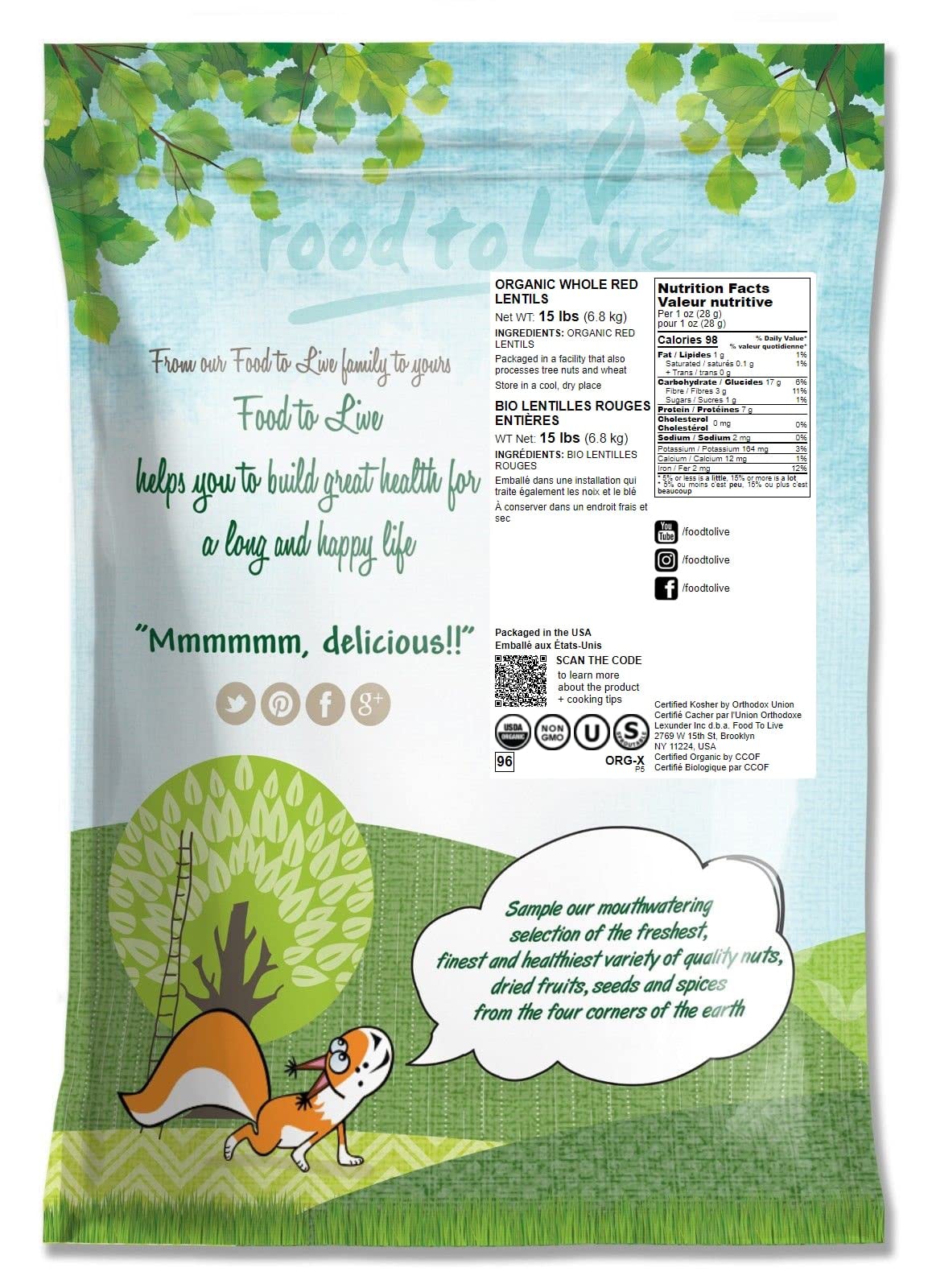 Food To Live Organic Whole Red Lentils, 15 Pounds Non-Gmo, Dry Raw Lentils, Sproutable, Vegan, Kosher, Bulk. Easy To Cook. Sourc