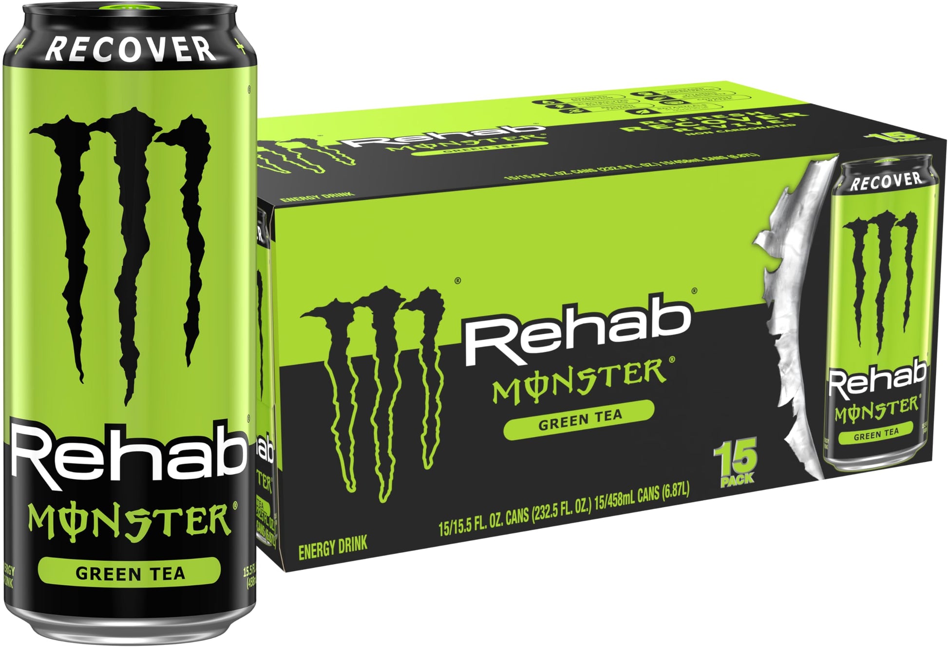 Monster Energy Rehab Iced Tea - Green Tea + Energy, 15.5 Oz, Pack of 15