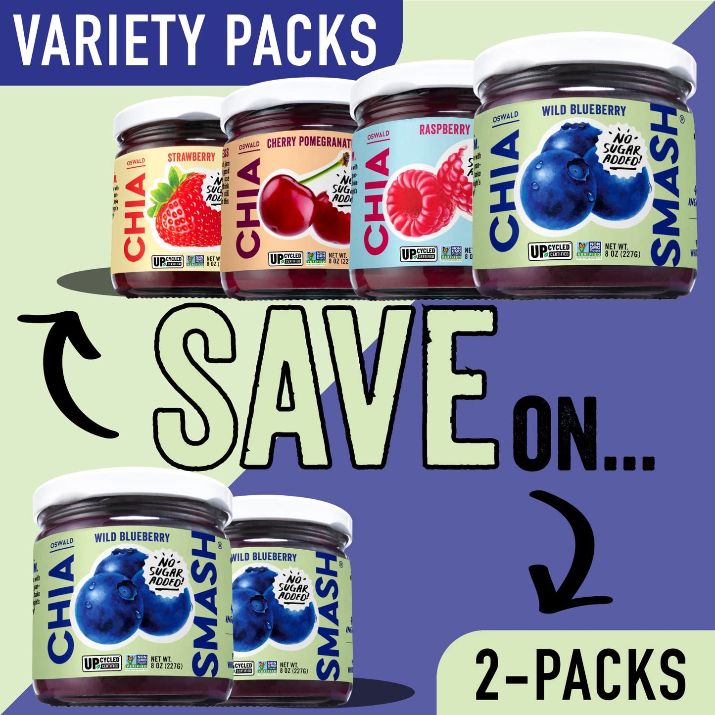 Chia Smash Blueberry Fruit Jam - Low-Calorie, Keto-Friendly, No Sugar Added - 2 Jars