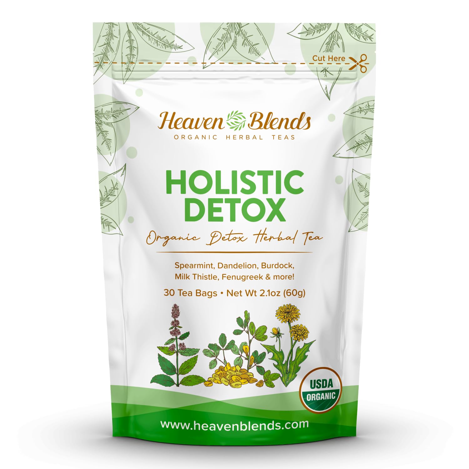 Heaven Blends Organic Holistic Detox Tea - Spearmint  Dandelion  Burdock  Milk Thistle Seed  Fenugreek & Yellowdock Root - Sugar Free  Energy Blend Free  And Gluten Free. 30 Sachet