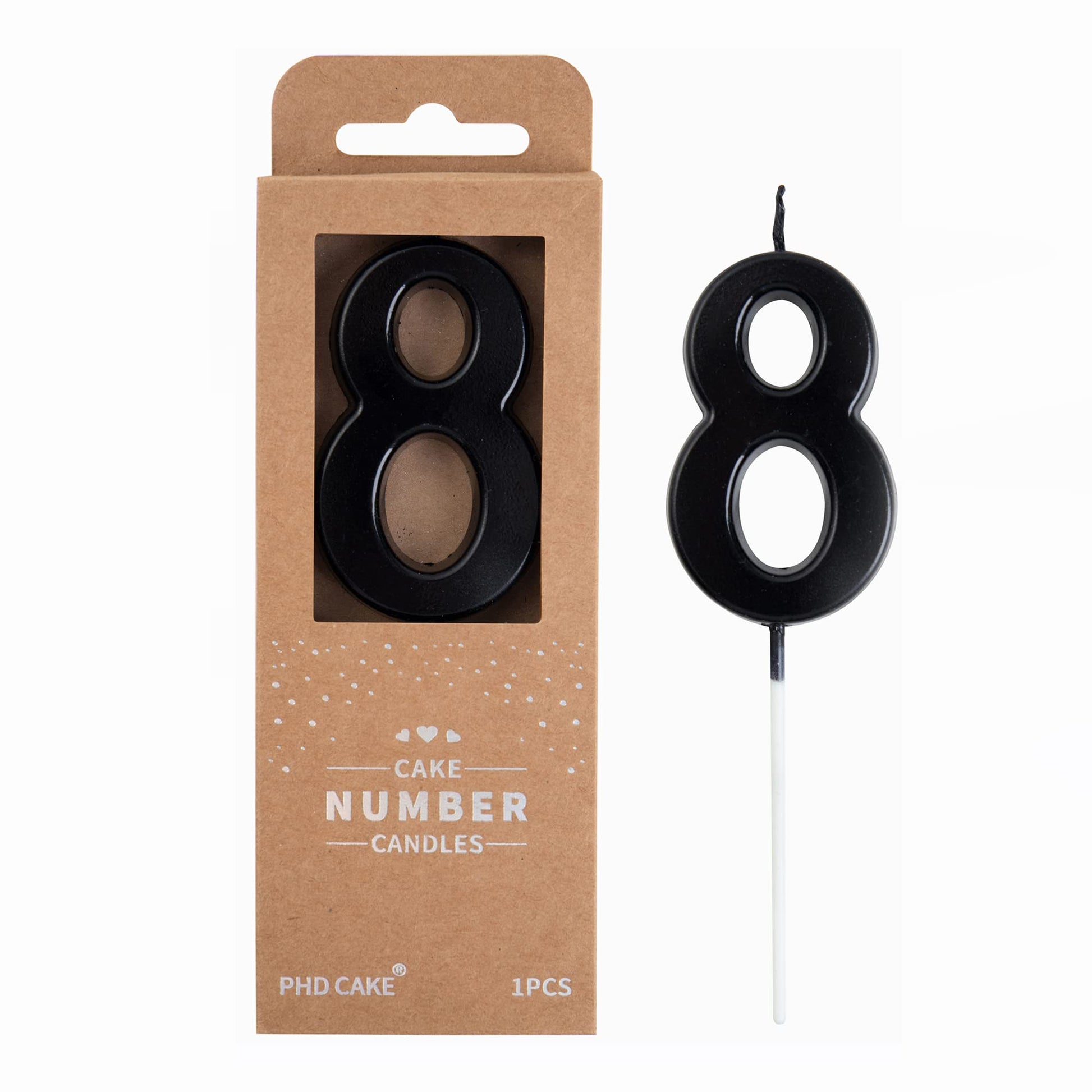 PHD CAKE Black Number Birthday Candles, 8 Inch Wax Cake Decoration, Modern Design