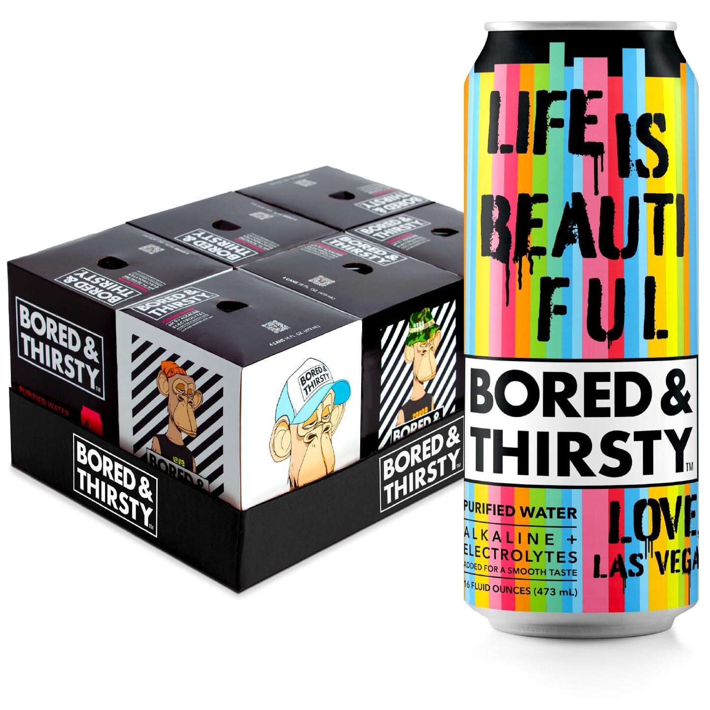 Bored & Thirsty Alkaline Canned Water - 24 Pack  16Oz  9.0+ Ph  Electrolytes  Trace Minerals - Special Release Art  100% Recyclable