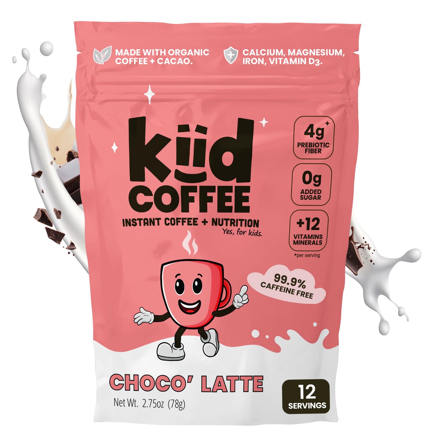 Kiid Coffee - Organic Caffeine-Free Coffee for Kids - 12 Vitamins & Minerals, 4g Prebiotics - 12 Servings - Non-GMO, Gluten-Free