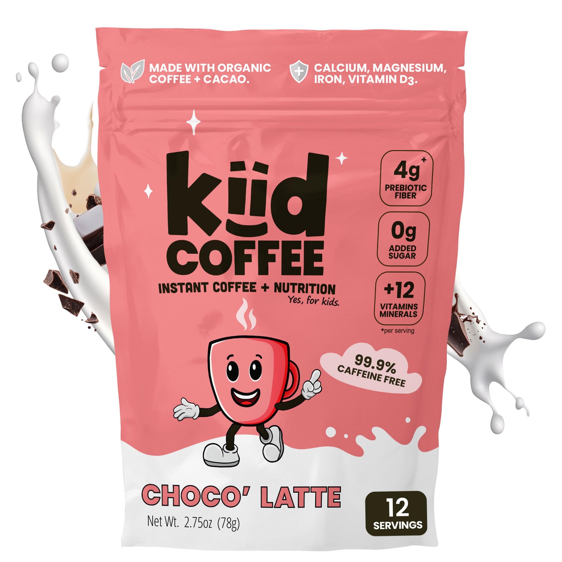 Kiid Coffee - Organic Caffeine-Free Coffee for Kids - 12 Vitamins & Minerals, 4g Prebiotics - 12 Servings - Non-GMO, Gluten-Free