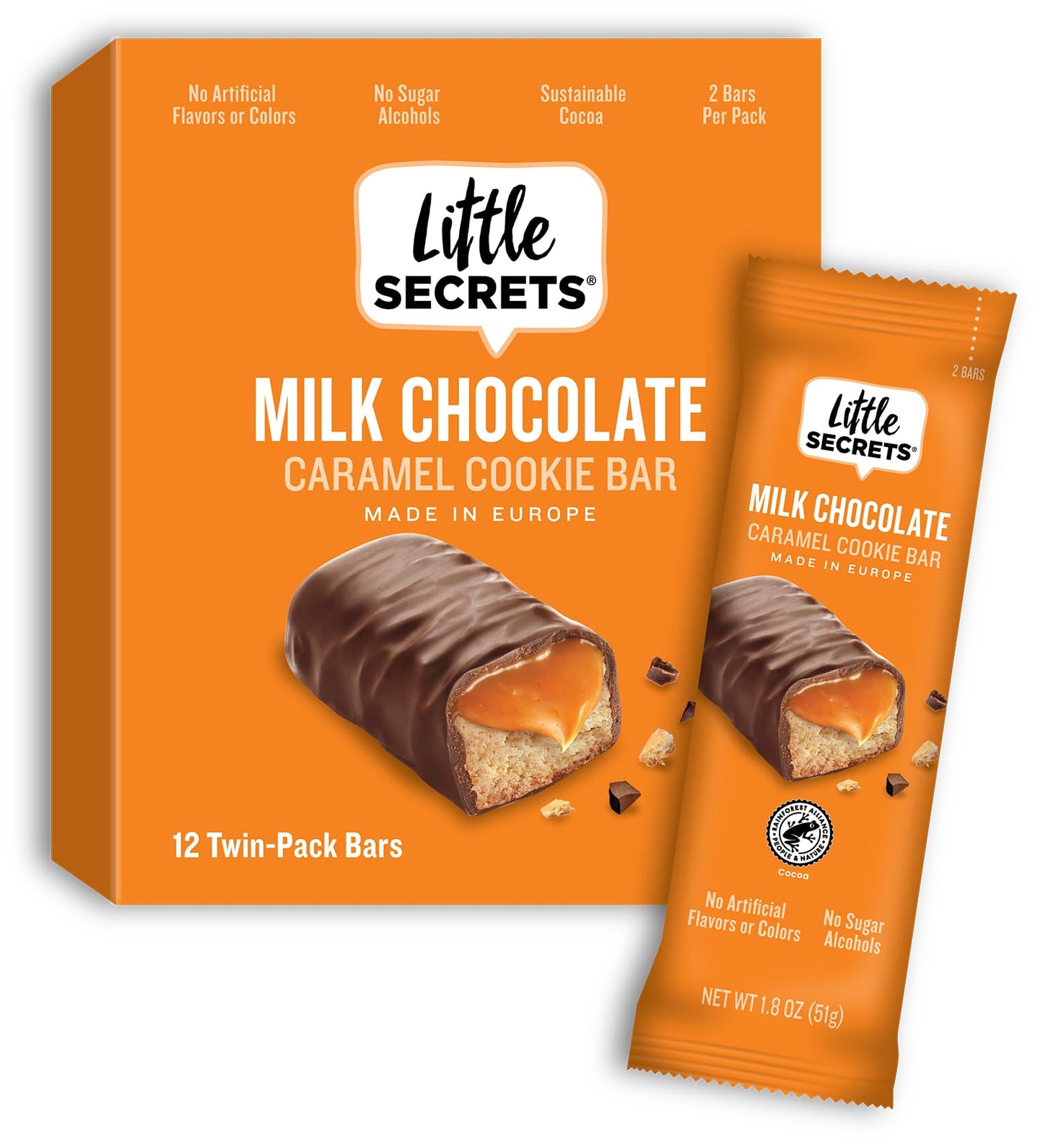 Little Secrets Milk Chocolate Caramel Cookie Bars | 12 Twin Packs | Made In Europe | Nothing Artificial & No Sugar Beverage-Styles | Sustainable Cocoa | 1.8 Ounce  Pack Of 12
