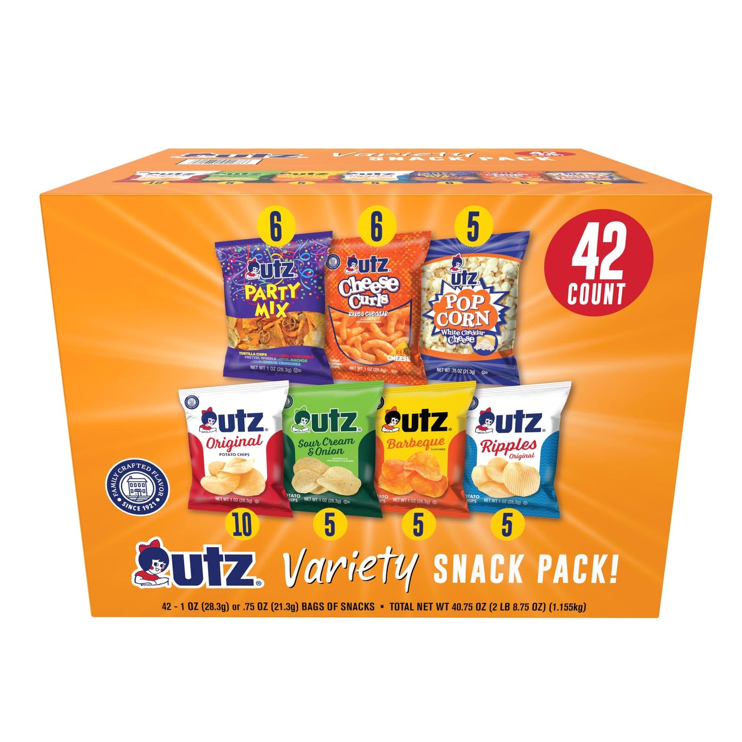 Utz Snack Variety Pack - Potato Chips, Cheese Curls, Popcorn, Party Mix - 0.97 oz each, Pack of 42