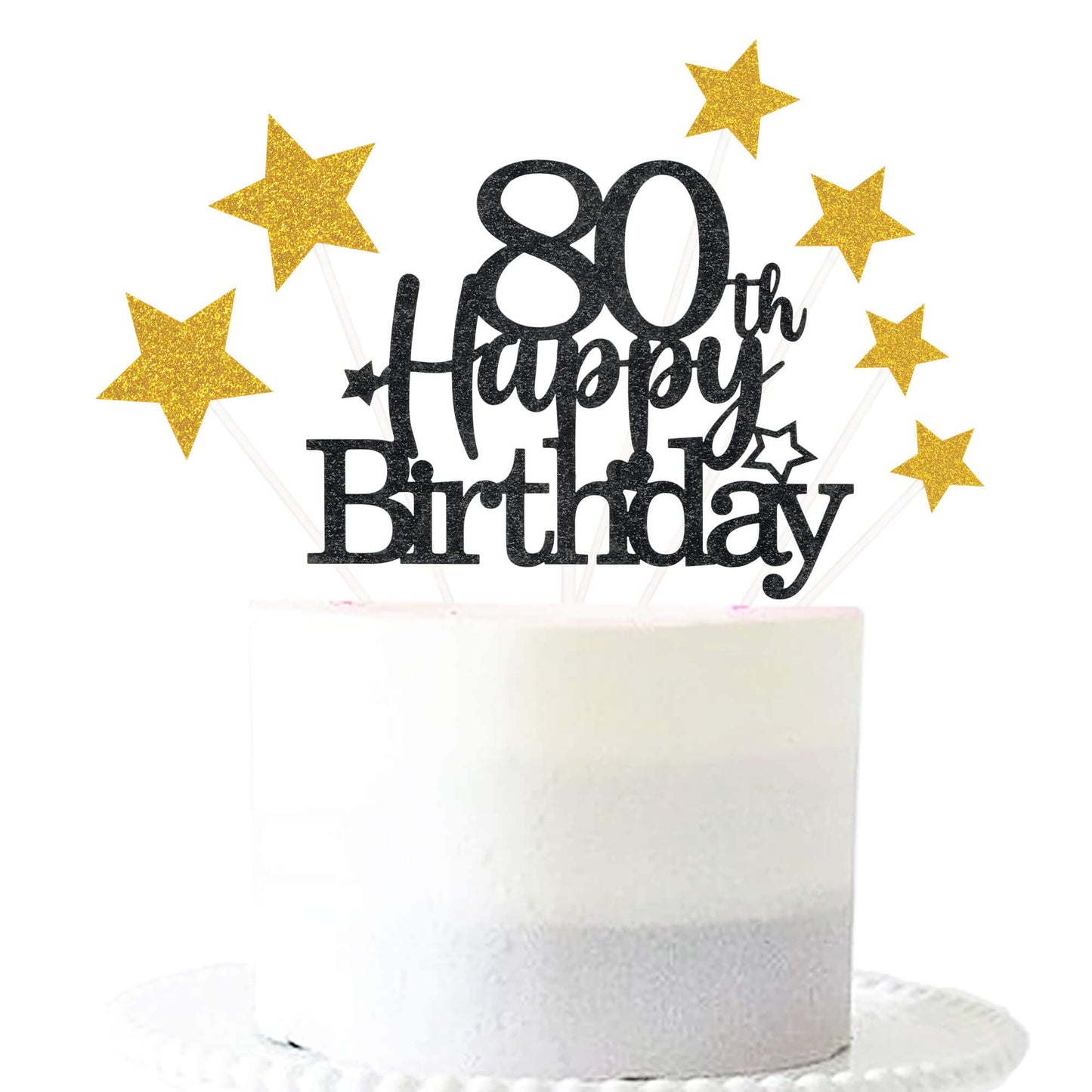 Pargleev 80th Birthday Cake Topper, Glittery Star Design, Personalised Party Decorations, Black Gold, Paper Material