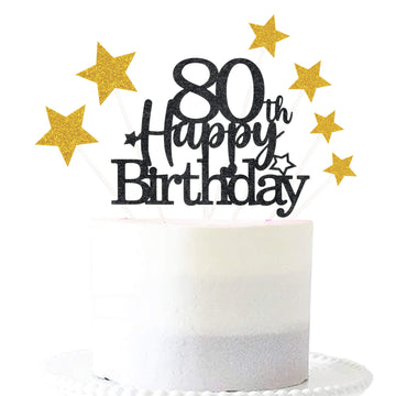Pargleev 80th Birthday Cake Topper, Glittery Star Design, Personalised Party Decorations, Black Gold, Paper Material