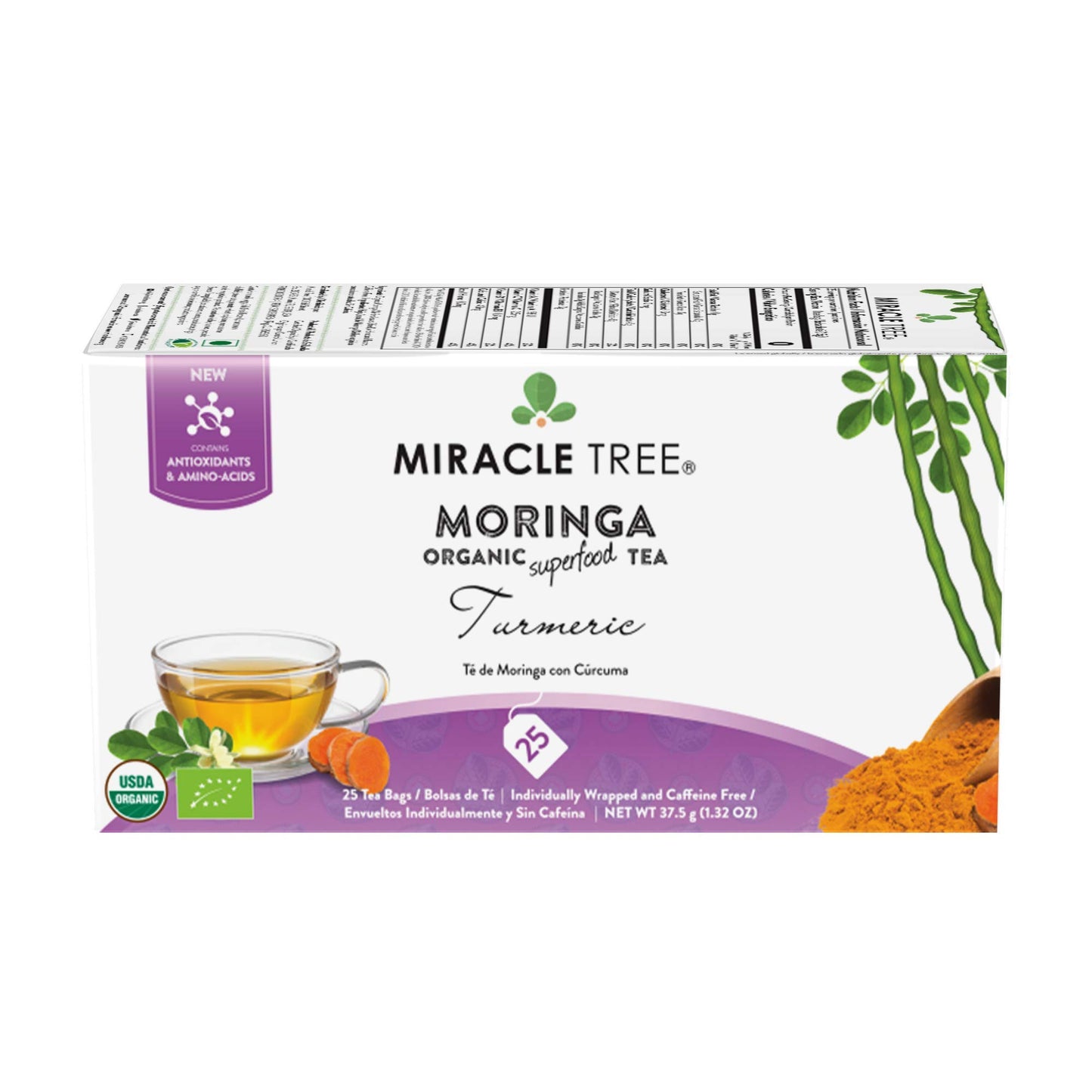 Miracle Tree Organic Moringa Tea - 25 Individually Sealed Bags, Turmeric, Vegan, Gluten-Free, Caffeine-Free