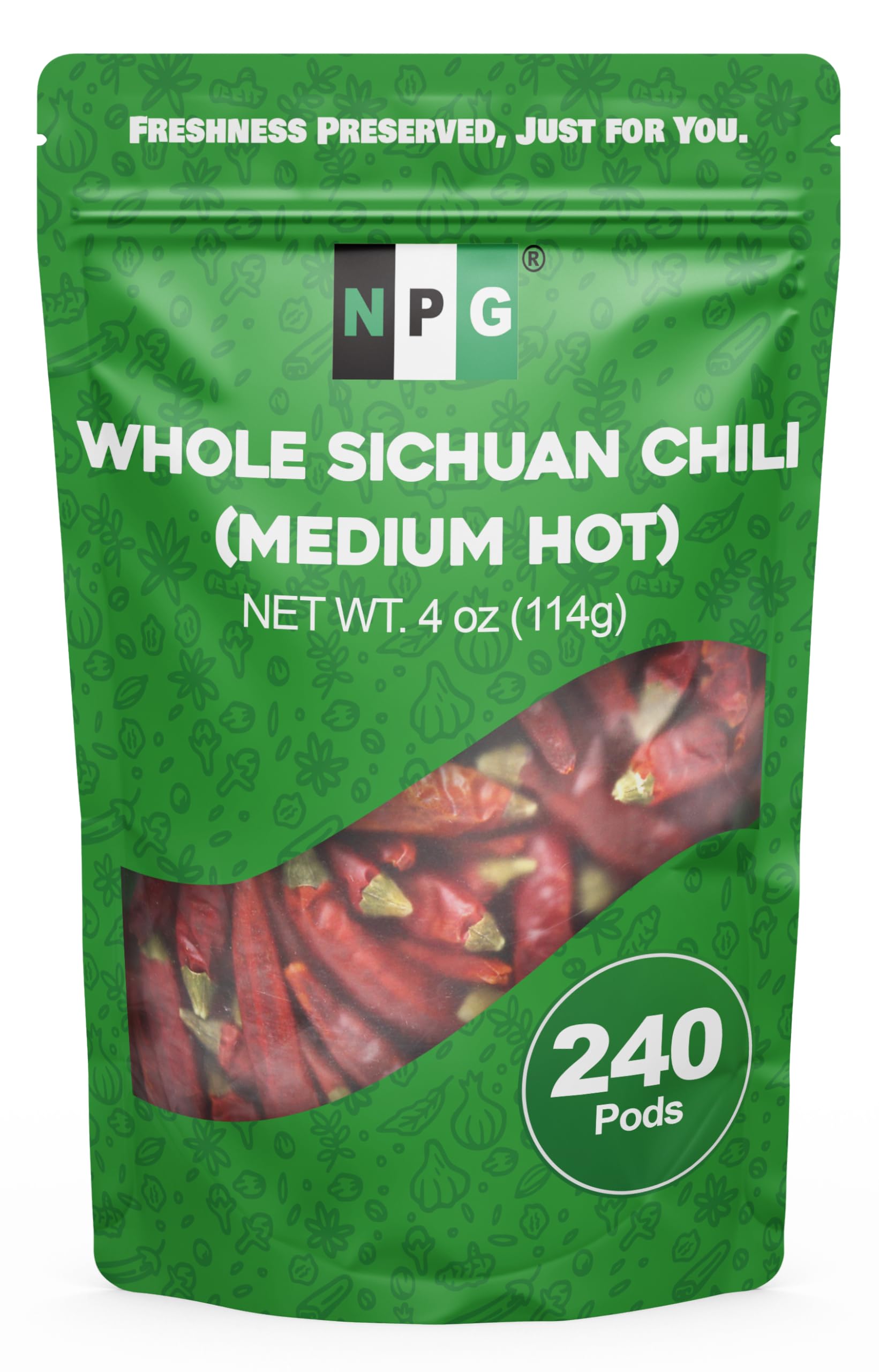 NPG Sichuan Red Chili Peppers, Medium Hot, 4 Ounce Pack, Dried Red Chilies for Cooking