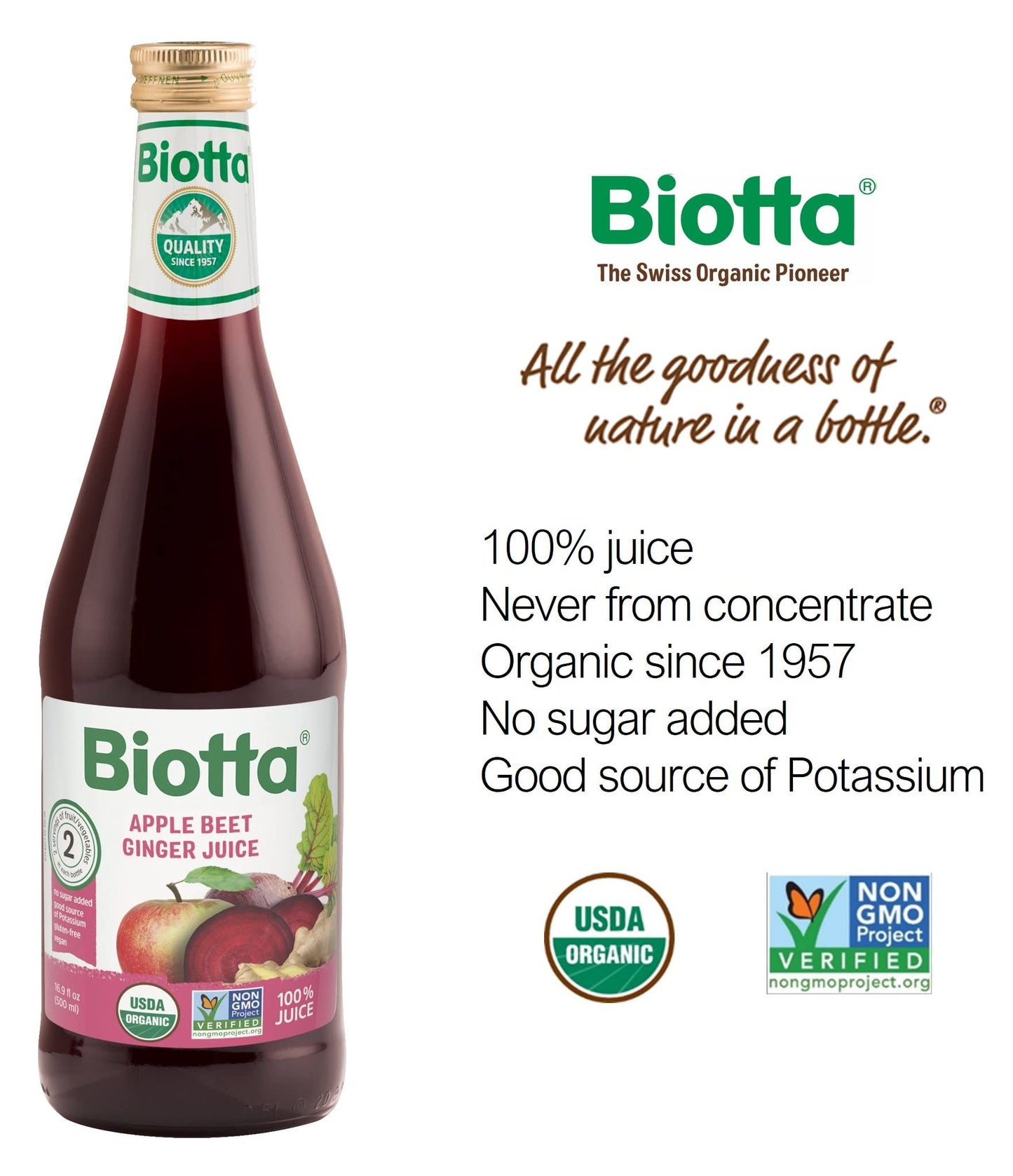 Biotta Organic Apple Beet Ginger Juice - 100% Juice Superfood Blend with Organic Apple Juice, Beetroot Juice & Ginger Root Juice