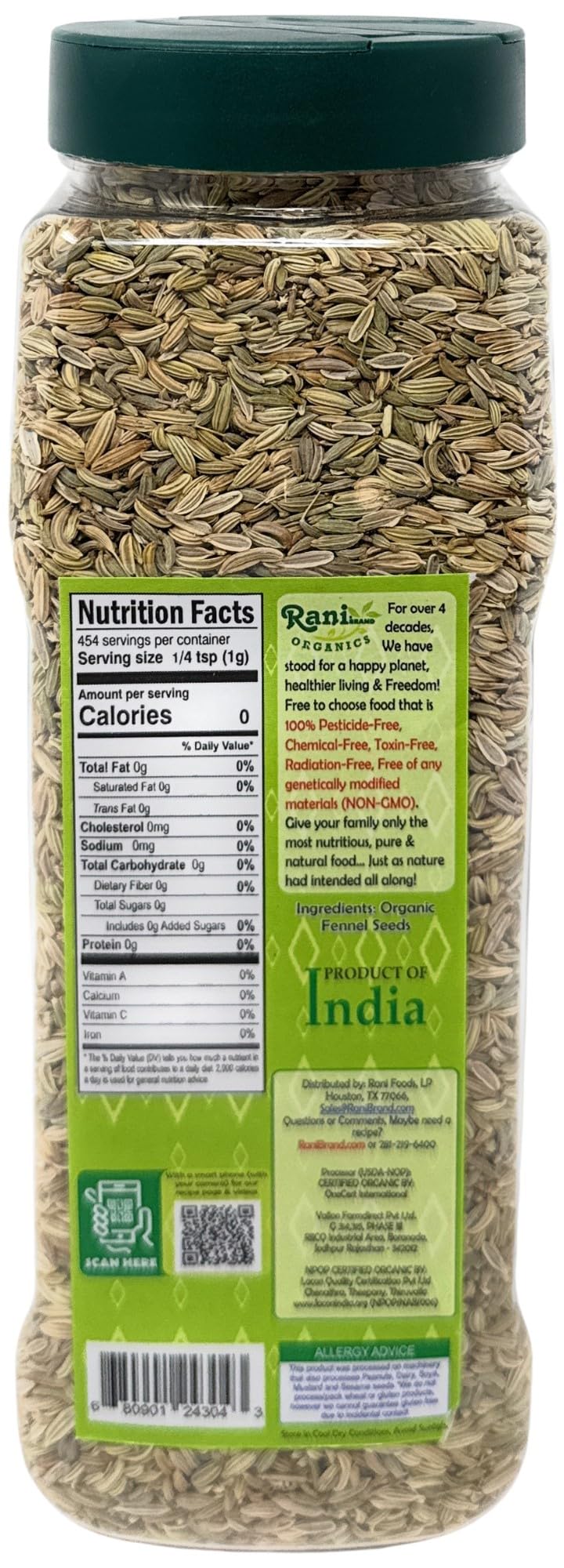 Rani Organic Fennel Seeds (Saunf Sabut) Whole Spice 16Oz (1Lb) 454G Pet Jar ~ All Natural | Vegan | Gluten Friendly | Non-Gmo |