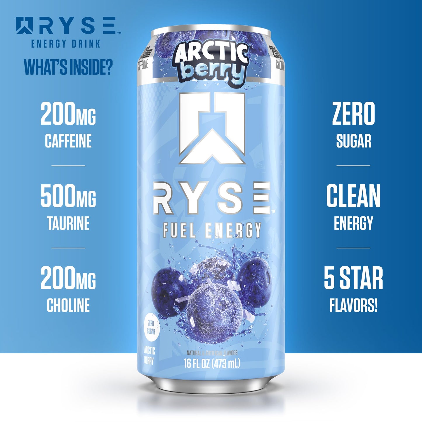 RYSE Fuel Energy Drink - Arctic Berry - Sugar Free, Vegan - 200mg Caffeine - 16 fl oz Cans (12-Pack)