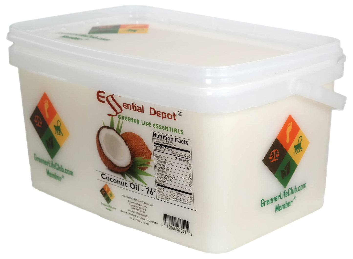 Coconut Oil 76F - Food Grade - 7 Lb In Pp Microwavable Container, Resealable Lid & Removable Handle
