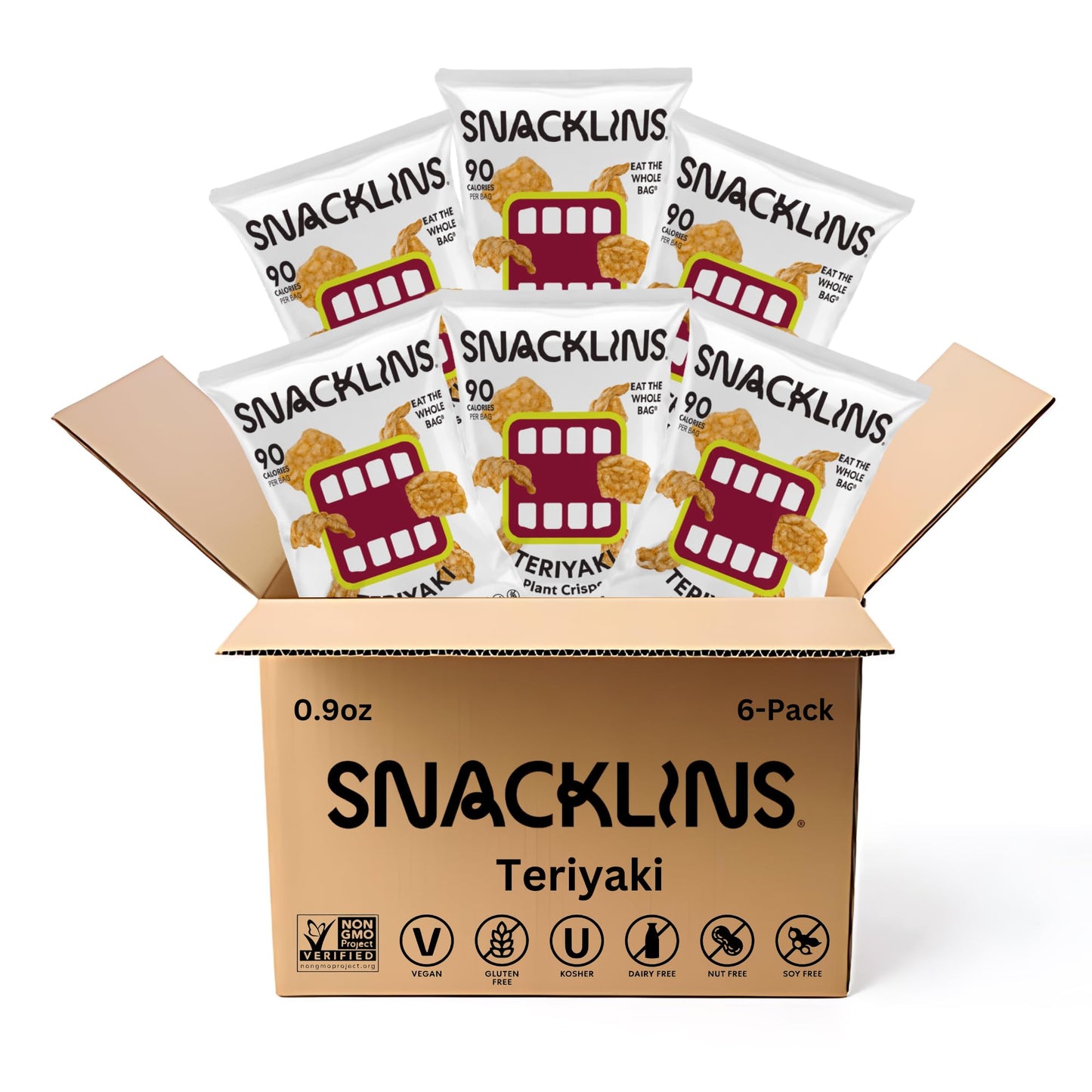 SNACKLINS Plant Based Crisps, Teriyaki Flavor, Vegan, Gluten Free, 0.9oz Bag (Pack of 6)
