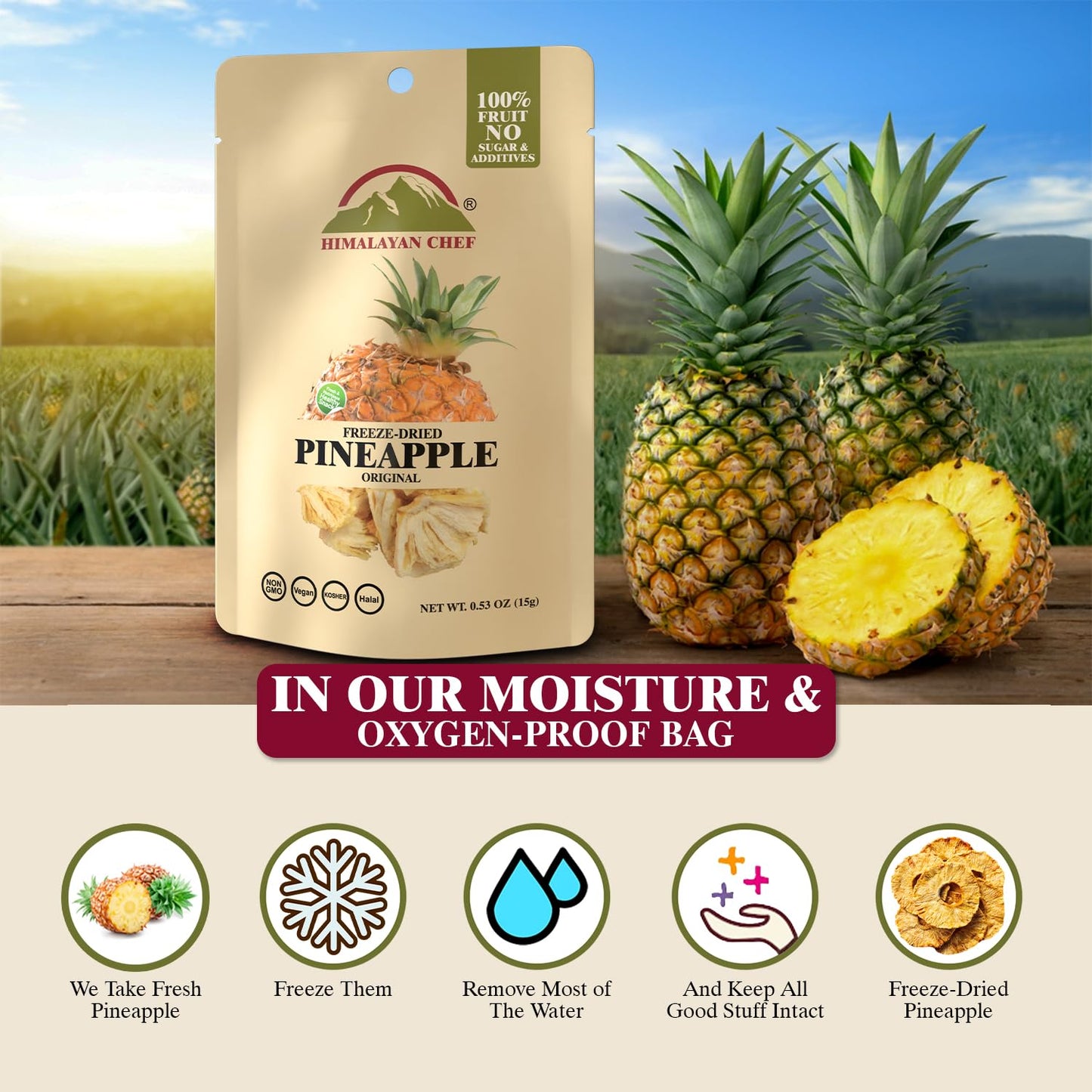 Himalayan Chef Freeze-Dried Fruit - 15g/Each Freeze-Dried Pineapple | Organic Fruit Snacks, Healthy Snacks for Kids & Adults | D