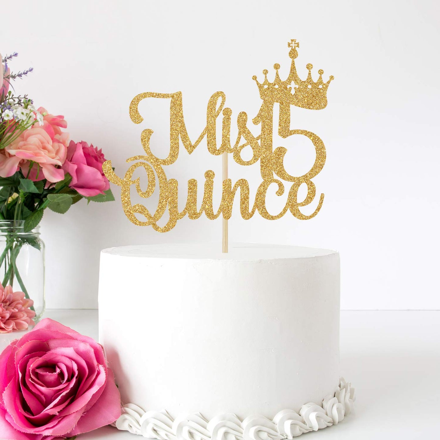 Mis Quince 15 Cake Topper, Hello 15, Cheers To 15 Years, 15Th Birthday/Anniversary Party Decorations Gold Glitter.