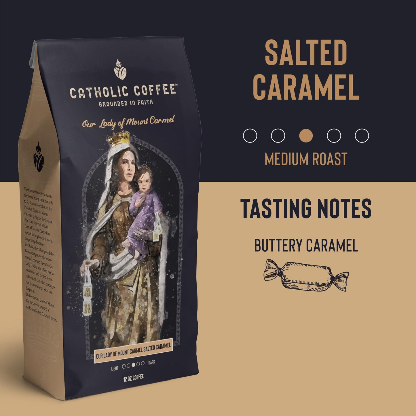 Our Lady Of Mount Carmel Salted Caramel Catholic Coffee (Ground) 12Oz - Small-Batch Craft Coffee, Gift For Catholic Faithful & C