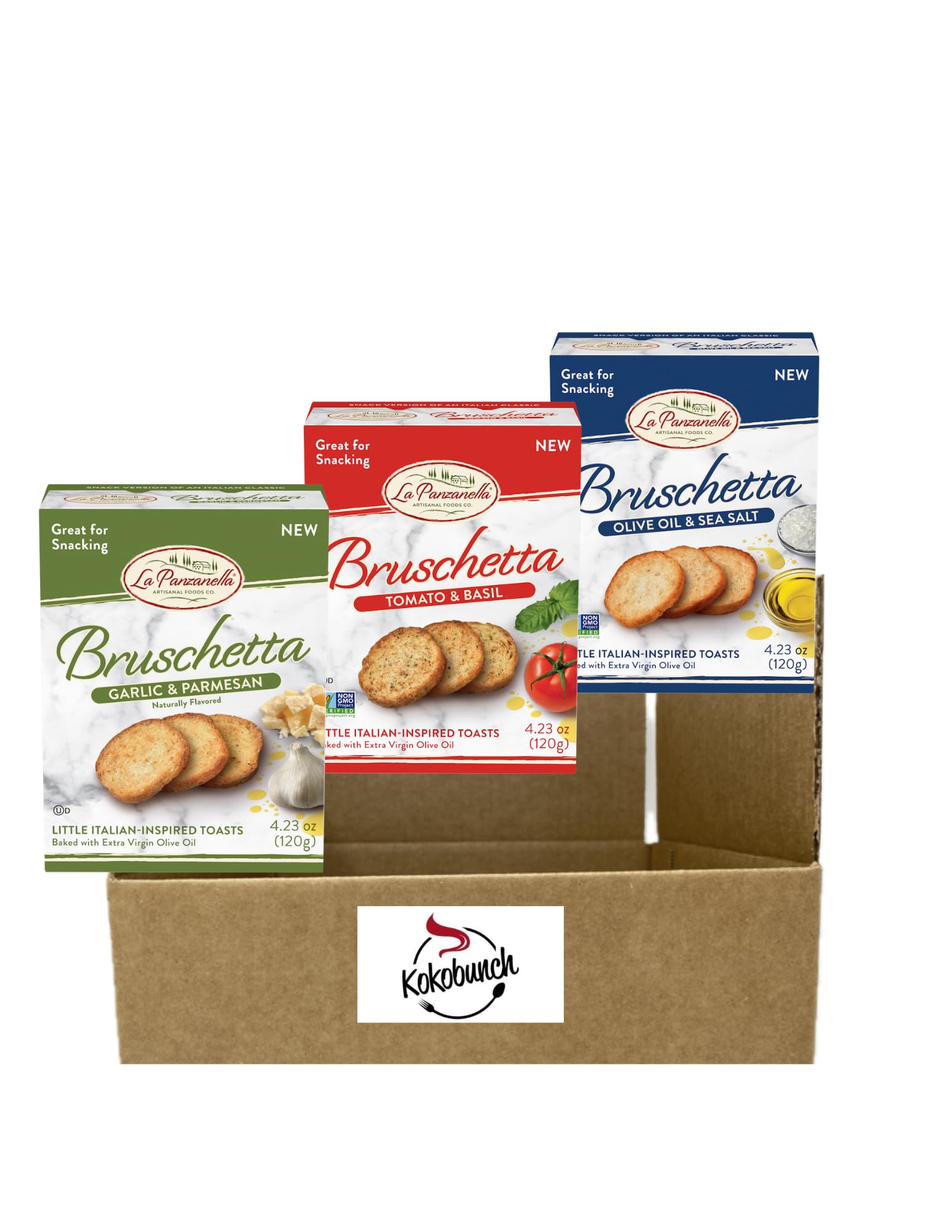 KOKOBUNCH Bruschetta Toast Crackers, Vegan Chips, 4.23oz, 3-Pack Variety