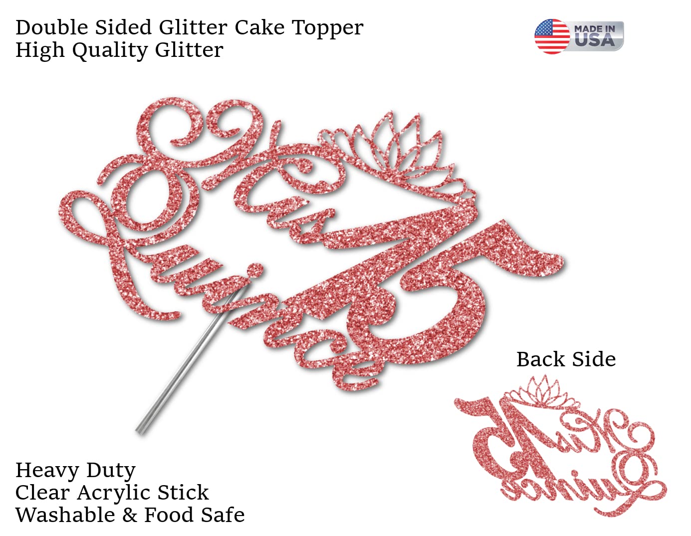 RokAPary Quinceanera Glitter Cake Topper, Acrylic, Sturdy Double-Sided, Rose Gold, Model RCT171