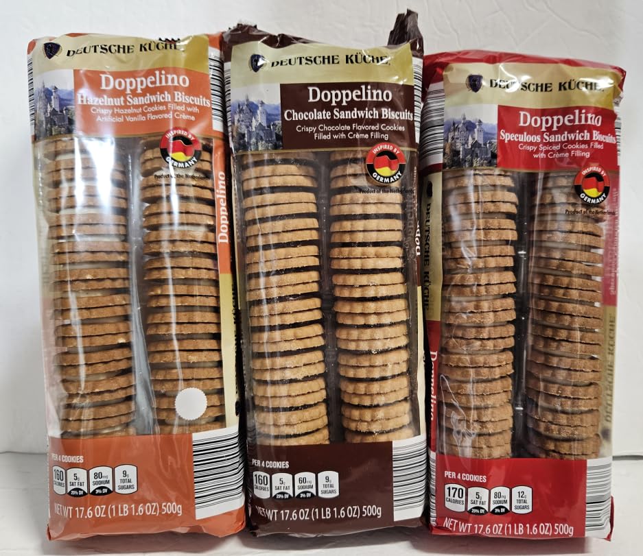 Deutsche Kuche Doppelino Lemon Flavored Sandwich Biscuits, Chocolate Sandwich Biscuits and Hazelnut Sandwich Biscuits 17.6oz 500
