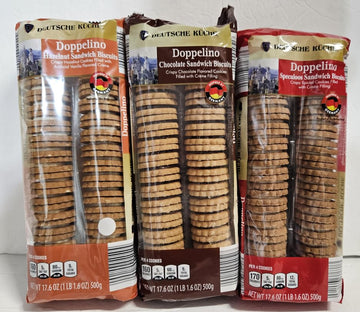 Deutsche Kuche Doppelino Lemon Flavored Sandwich Biscuits, Chocolate Sandwich Biscuits and Hazelnut Sandwich Biscuits 17.6oz 500