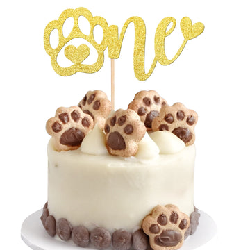 1 PCS One Cake Topper Gold Glitter First Birthday Dog Paw Cake Pick for Puppy Dog Let's Pawty Theme Baby Shower Kids Boys Girls 