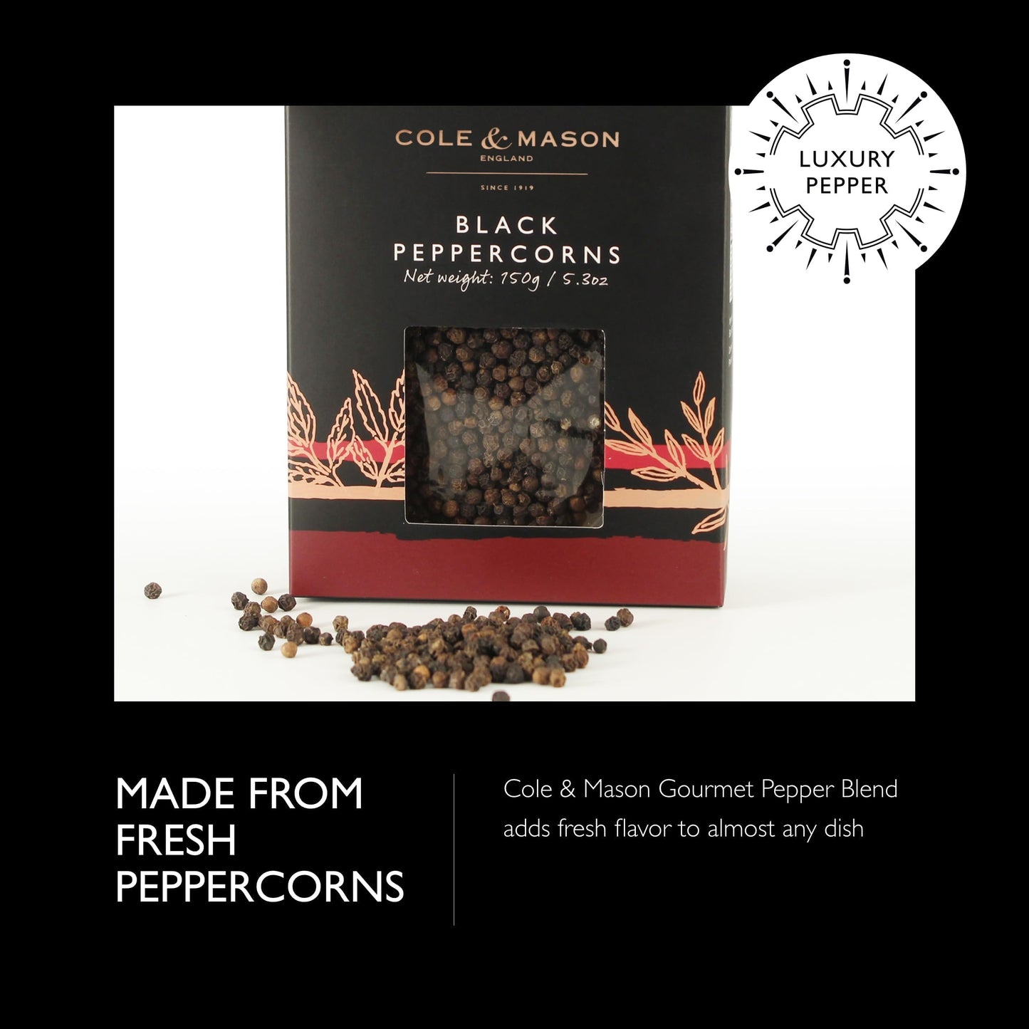 Cole & Mason Gourmet Spice Refill Box - Pairs Well with Chicken, Beef, Pork & More - Peppercorn Refill for Pepper Mill Grinder -