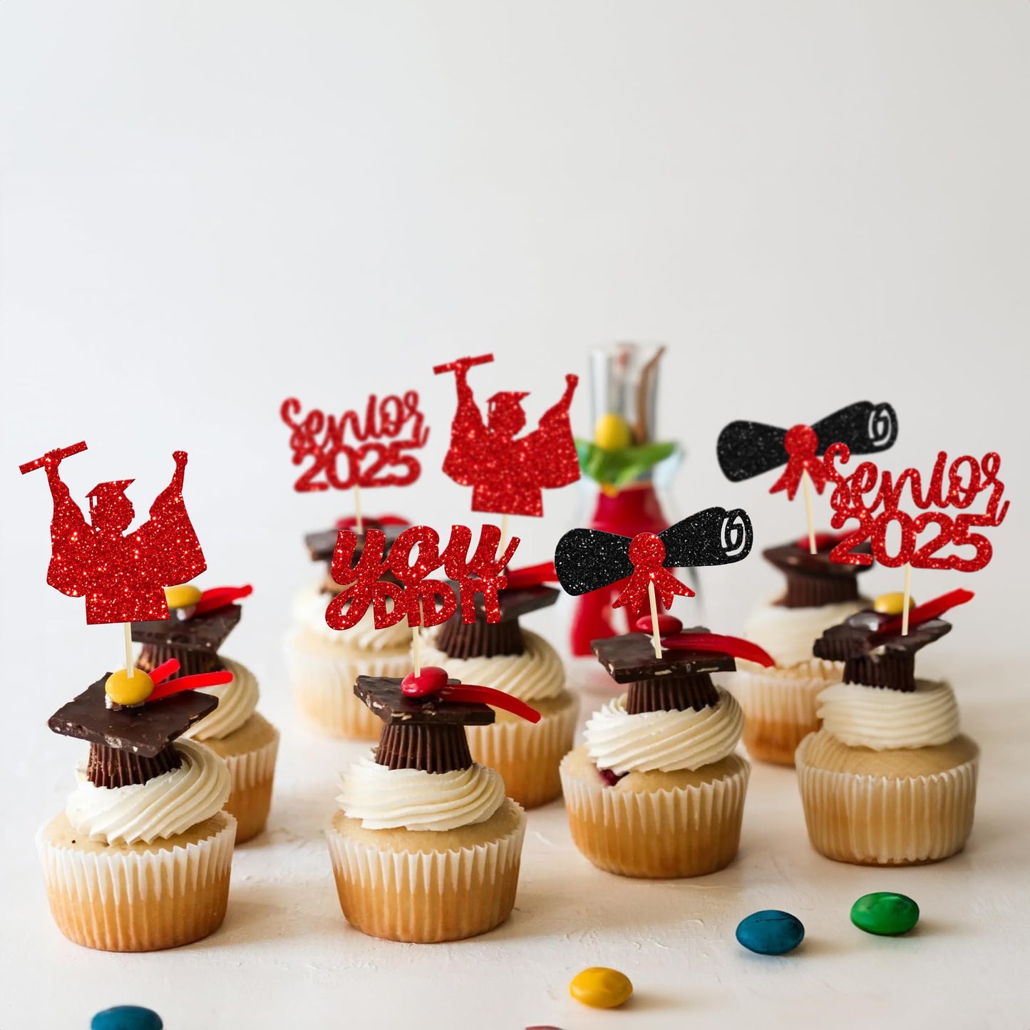 Gyufise 24Pcs Red Glitter Senior Of 2025 Graduation Cupcake Toppers You Did It Congrats Grad 2025 Diploma Cap Cupcake Picks Clas