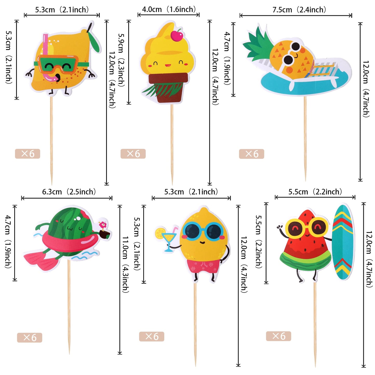 36 Pcs Tropical Beach Luau Cupcake Toppers Fruit Watermelon Pineapple Ice Cream Lemon Cupcake Picks For Summer Hawaiian Luau Tro