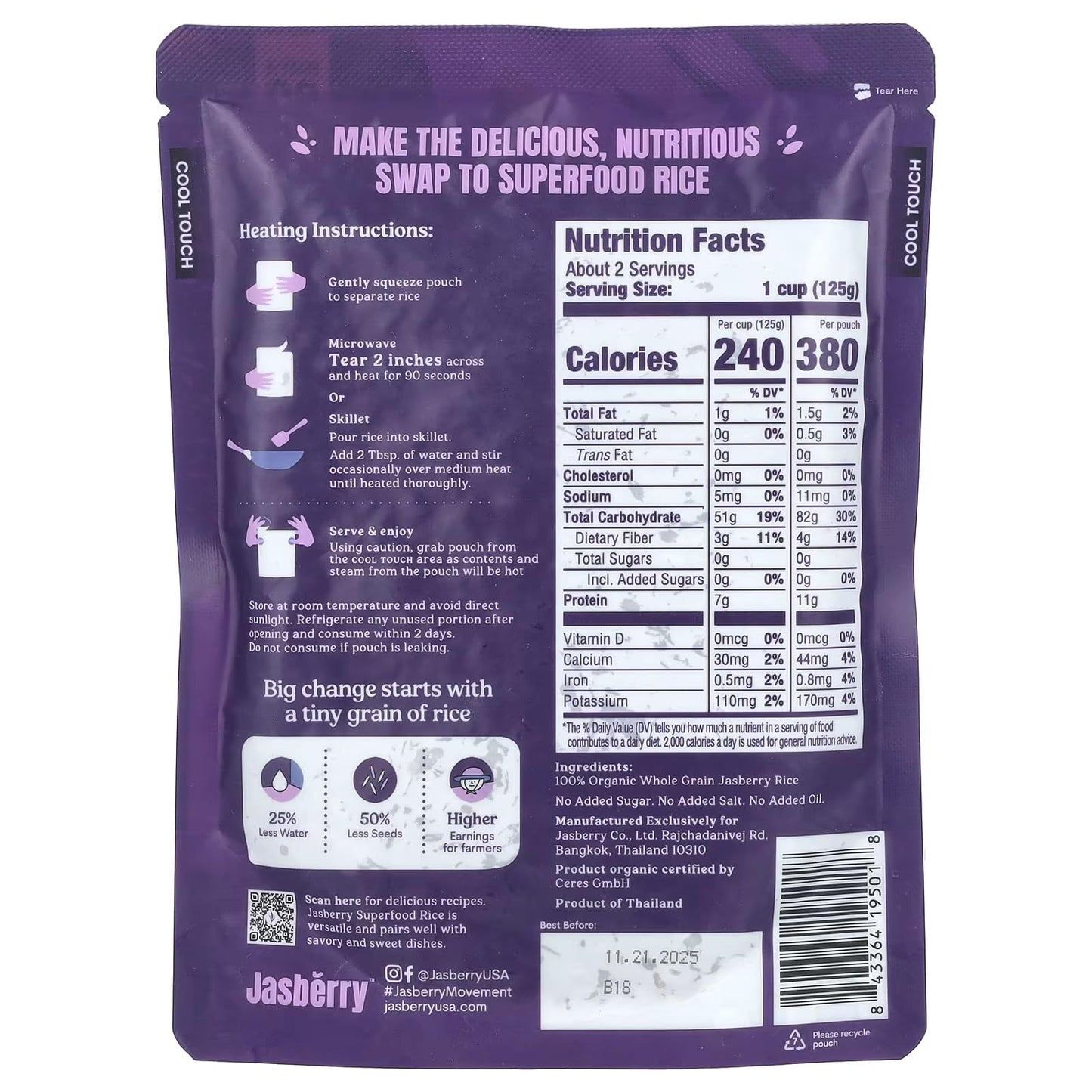 Original Organic Rice - Superfood with High Antioxidants, Ready to Eat or Heat, 100% Jasberry Rice, Non-GMO, Gluten-Free, USDA C